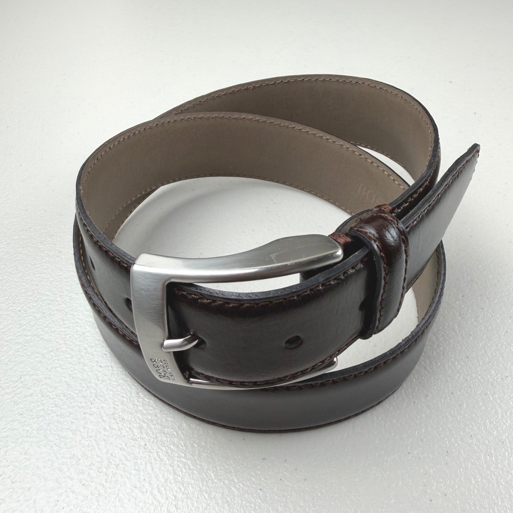 Hugo Boss Esily Brown Cowskin Leather Belt Silver Buckle Size 85 32 50138409